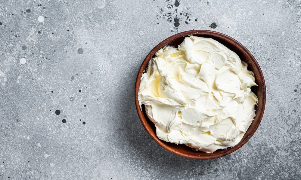 Traditional,Mascarpone,Cheese,In,Wooden,Bowl.,Gray,Background.,Top,View. Traditional,Mascarpone,Cheese,In,Wooden,Bowl.,Gray,Background.,Top,View.