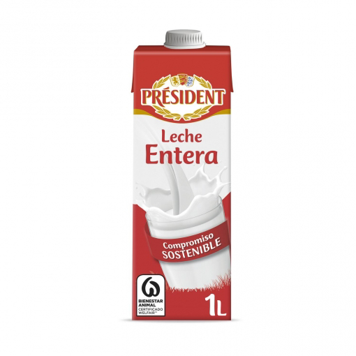 La leche entera Président se comercializa en formato brik de 1 litro.