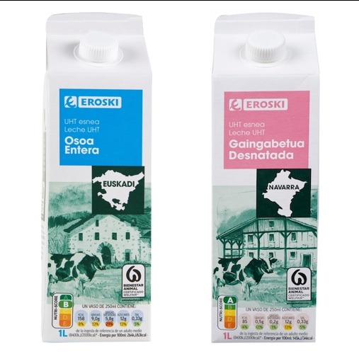 La leche entera Eroski (izquierda) cambia su origen en función e la comunidad donde se venda para favorecer la proximidad.
