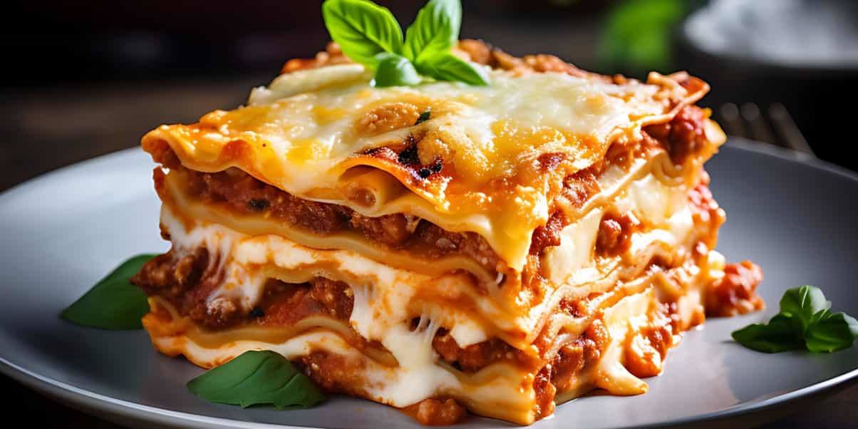 La lasaña de carne y queso en un plato reconfortante, indulgente y lleno de sabor en cada bocado.