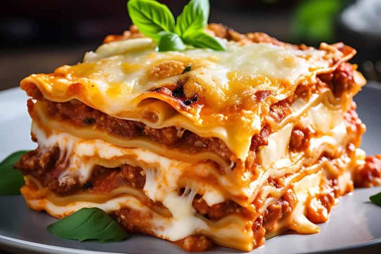 lasaña de carne y queso La lasaña de carne y queso en un plato reconfortante, indulgente y lleno de sabor en cada bocado.