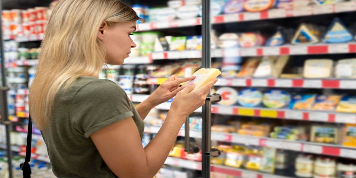 mujer comprobando la fecha de caducidad de un producto lácteo en el supermercado