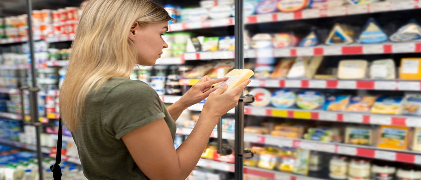 mujer comprobando la fecha de caducidad de un producto lácteo en el supermercado